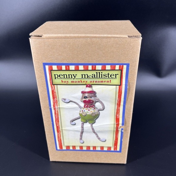 Penny McAllister Clown Sock Monkey Christmas Tree Ornament Yellow Red Polka Dots - Picture 2 of 16